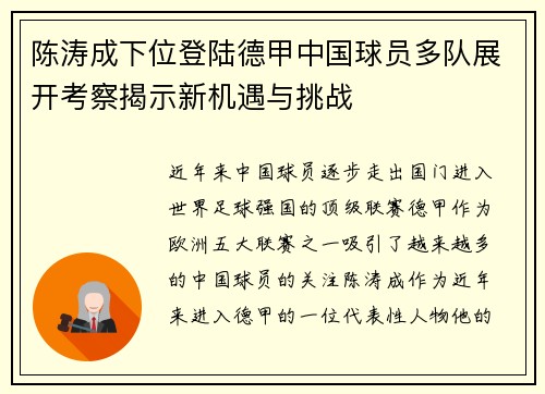 陈涛成下位登陆德甲中国球员多队展开考察揭示新机遇与挑战